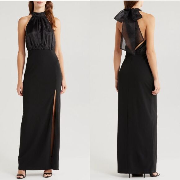 Lulus Organza & Crepe Halter Gown Dress, Cocktail Party Black, Size XL, NWT